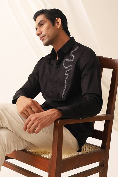 Shop_Seven_Black Cotton Embroidery Serpent Motif Shirt_Online_at_Aza_Fashions