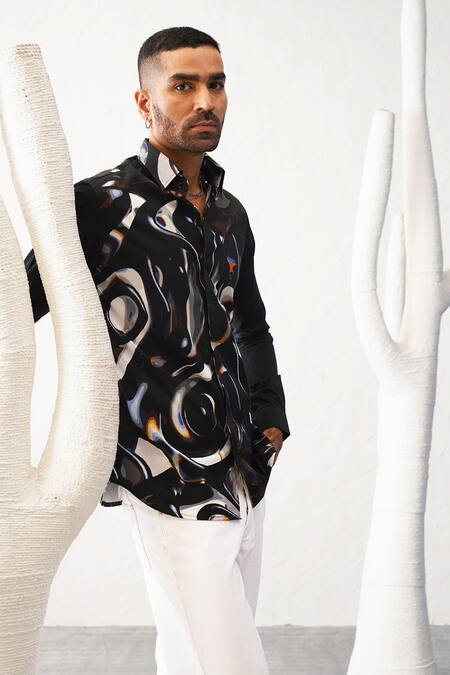 Seven_Black Cotton Cosmic Noir Printed Shirt_Online_at_Aza_Fashions