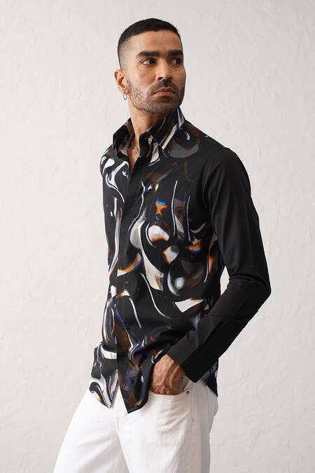 Shop_Seven_Black Cotton Cosmic Noir Printed Shirt_Online_at_Aza_Fashions