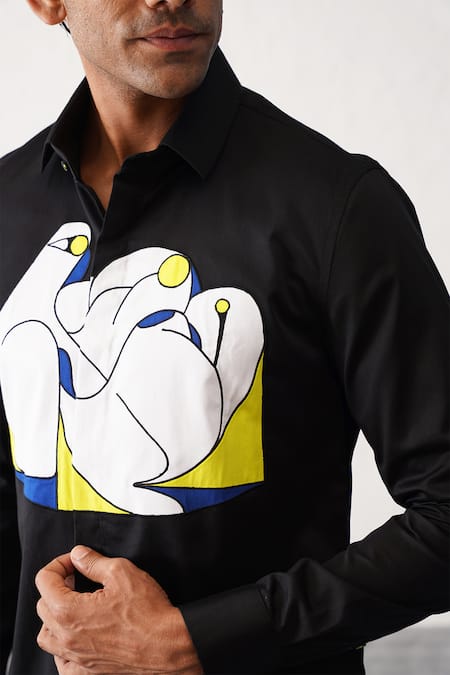 Seven_Black Cotton Patchwork Graphite Detailed Shirt_Online_at_Aza_Fashions