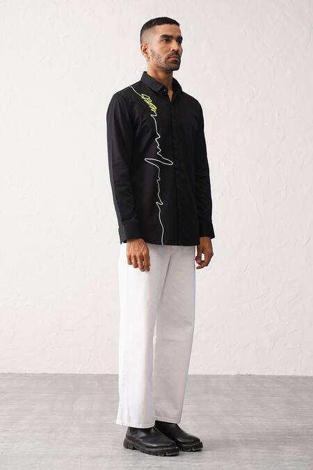 Seven_Black Cotton Embroidery Heart Beat Shirt_Online_at_Aza_Fashions