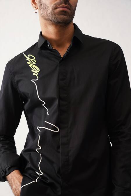 Buy_Seven_Black Cotton Embroidery Heart Beat Shirt_Online_at_Aza_Fashions