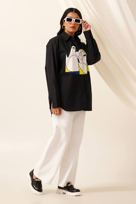 Seven_Black Cotton, Poplin Collared Graphite Print Asymmetric Shirt_Online_at_Aza_Fashions