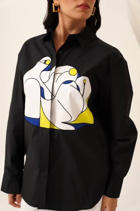 Buy_Seven_Black Cotton, Poplin Collared Graphite Print Asymmetric Shirt_Online_at_Aza_Fashions