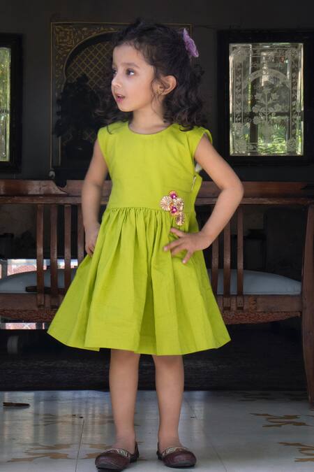 Laadlo_Green Semi Chiffon Embellished Gota Phool Chamomile Fit And Flare Dress_Online_at_Aza_Fashions