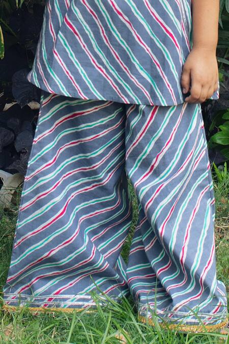 Laadlo_Blue Indian Cotton Print Leheriya Wave Orchid Kurta With Pant_Online_at_Aza_Fashions