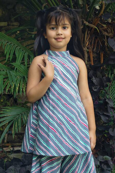 Buy_Laadlo_Blue Indian Cotton Print Leheriya Wave Orchid Kurta With Pant_Online_at_Aza_Fashions