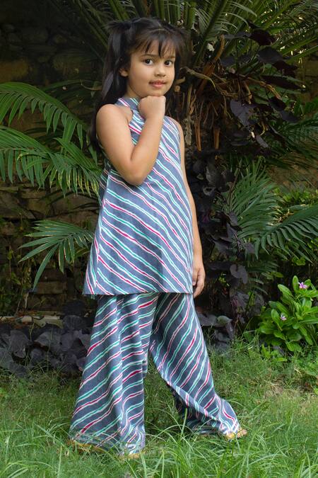 Shop_Laadlo_Blue Indian Cotton Print Leheriya Wave Orchid Kurta With Pant_Online_at_Aza_Fashions