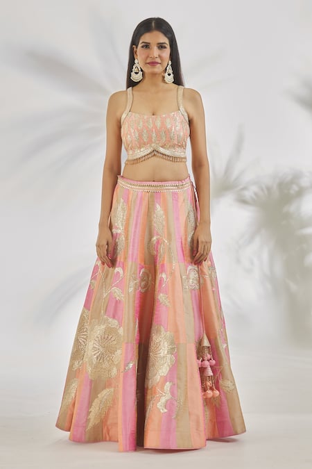 Shop_Vandana Sethi_Multi Color Silk, Denim Tassels Square Neck Gota Patti Embroidered Lehenga Set _Online_at_Aza_Fashions