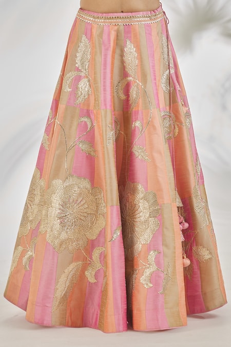 Shop_Vandana Sethi_Multi Color Silk, Denim Tassels Square Neck Gota Patti Embroidered Lehenga Set 