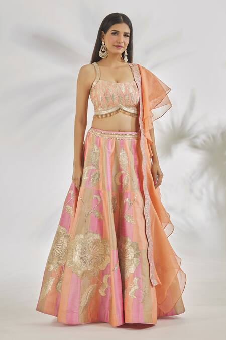 Vandana Sethi_Multi Color Silk, Denim Tassels Square Neck Gota Patti Embroidered Lehenga Set _Online_at_Aza_Fashions