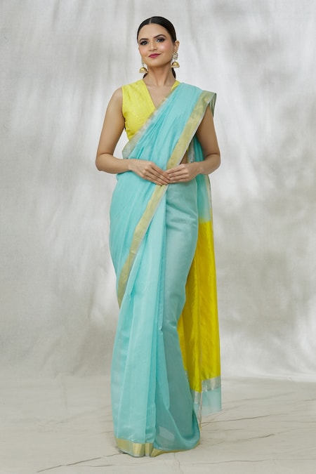 SKY BLUE WOVEN KALAMKARI BANARASI SILK SAREE WITH BROCADE BLOUSE –  zarikaariindia.com