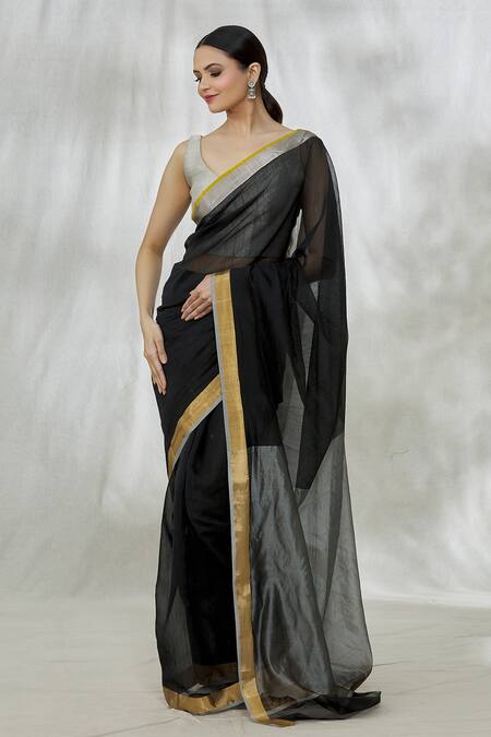 Mint N Oranges_Black Chanderi Handwoven Saree With Unstitched Blouse Fabric_Online_at_Aza_Fashions