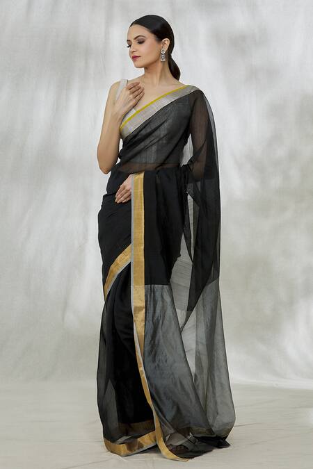 Mint N Oranges_Black Chanderi Handwoven Saree With Unstitched Blouse Fabric_at_Aza_Fashions