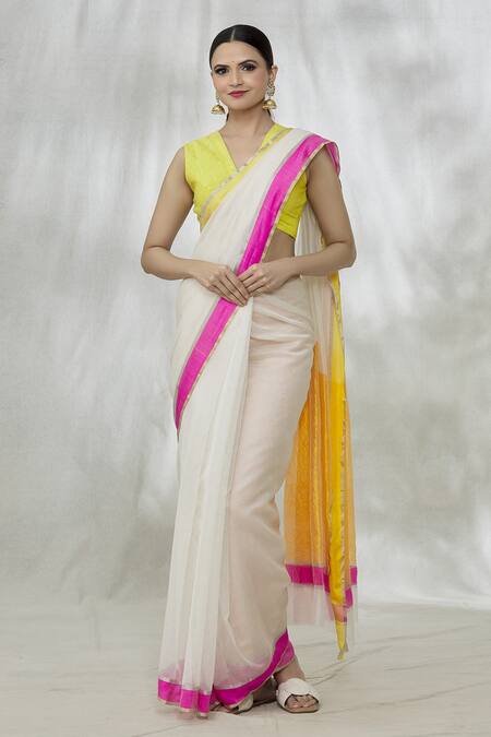 Buy_Mint N Oranges_White Handloom Cotton, Chanderi Handwoven Saree With Unstitched Blouse Fabric