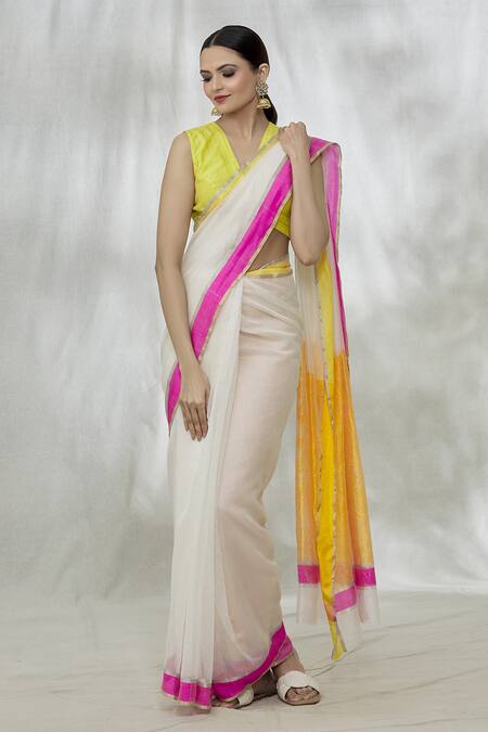 Buy_Mint N Oranges_White Handloom Cotton, Chanderi Handwoven Saree With Unstitched Blouse Fabric_Online_at_Aza_Fashions