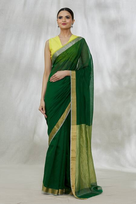 Mint N Oranges_Green Chanderi V-neck Handwoven Saree With Unstitched Blouse Fabric_Online_at_Aza_Fashions