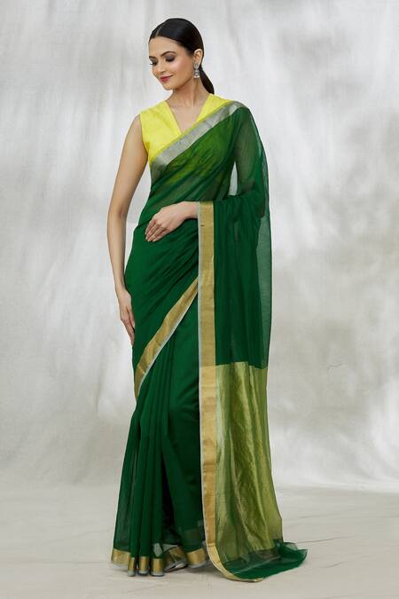 Buy_Mint N Oranges_Green Chanderi V-neck Handwoven Saree With Unstitched Blouse Fabric_Online_at_Aza_Fashions