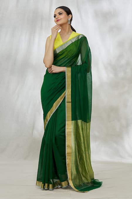 Shop_Mint N Oranges_Green Chanderi V-neck Handwoven Saree With Unstitched Blouse Fabric_Online_at_Aza_Fashions