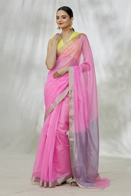 Mint N Oranges_Pink Chanderi Contrast Pallu Saree With Unstitched Blouse Fabric_Online_at_Aza_Fashions