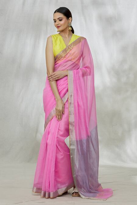 Buy_Mint N Oranges_Pink Chanderi Contrast Pallu Saree With Unstitched Blouse Fabric_Online_at_Aza_Fashions