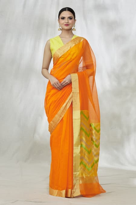 Mint N Oranges_Orange Chanderi Chevron Pallu Saree With Unstitched Blouse Fabric _Online_at_Aza_Fashions