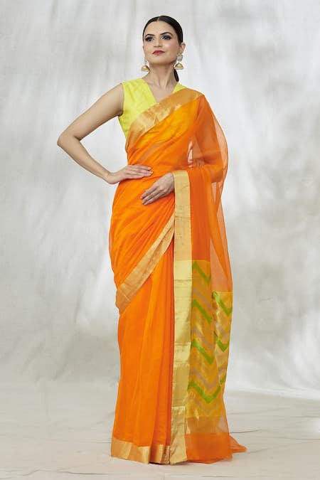 Buy_Mint N Oranges_Orange Chanderi Chevron Pallu Saree With Unstitched Blouse Fabric _Online_at_Aza_Fashions