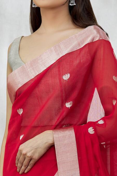 Buy_Mint N Oranges_Red Chanderi Silk Embroidery Lotus Pattern Saree With Unstitched Blouse Fabric_Online_at_Aza_Fashions