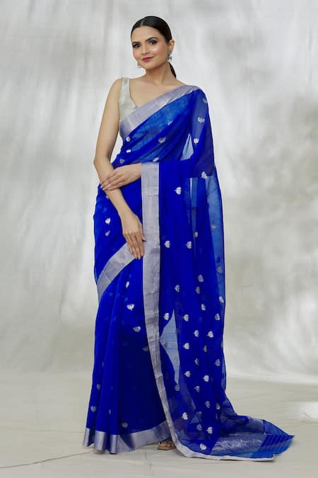 Buy Mint N Oranges Blue Chanderi Silk Embroidery Lotus Pattern Saree With Unstitched Blouse Fabric Online at Aza Fashions Buy_Mint N Oranges_Blue Chanderi Silk Embroidery Lotus Pattern Saree With Unstitched Blouse Fabric_Online_at_Aza_Fashions