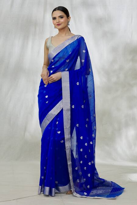 Shop Mint N Oranges Blue Chanderi Silk Embroidery Lotus Pattern Saree With Unstitched Blouse Fabric Online at Aza Fashions Shop_Mint N Oranges_Blue Chanderi Silk Embroidery Lotus Pattern Saree With Unstitched Blouse Fabric_Online_at_Aza_Fashions