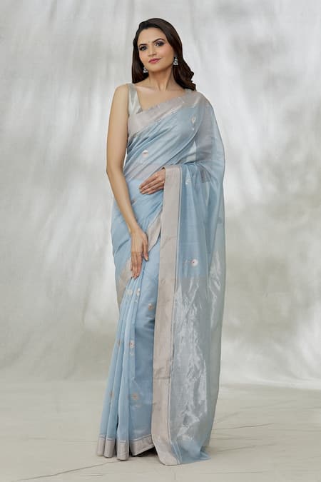 Mint N Oranges Blue Chanderi Zari Motif Pattern Saree With Unstitched Blouse Fabric Online at Aza Fashions Mint N Oranges_Blue Chanderi Zari Motif Pattern Saree With Unstitched Blouse Fabric_Online_at_Aza_Fashions