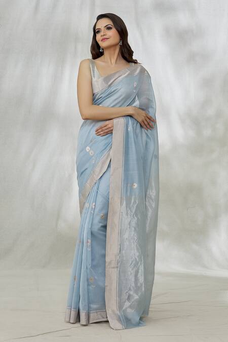 Mint N Oranges Blue Pure Chanderi Zari Pattern Saree With Unstitched Blouse Fabric 