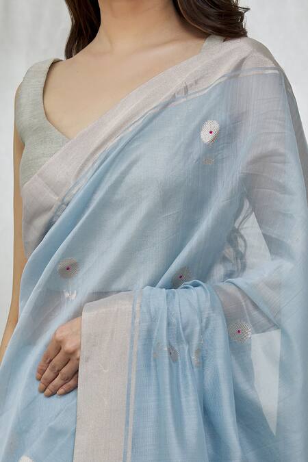 Mint N Oranges Blue Chanderi Zari Motif Pattern Saree With Unstitched Blouse Fabric at Aza Fashions Mint N Oranges_Blue Chanderi Zari Motif Pattern Saree With Unstitched Blouse Fabric_at_Aza_Fashions