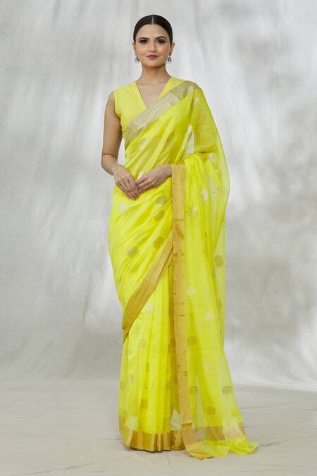 Shop_Mint N Oranges_Yellow Chanderi Zari Floral Motif Pattern Saree With Unstitched Blouse Fabric_Online_at_Aza_Fashions