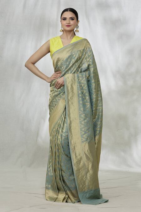 Buy_Mint N Oranges_Blue Silk, Tissue Chevron Banarasi Saree With Unstitched Blouse Fabric_Online_at_Aza_Fashions