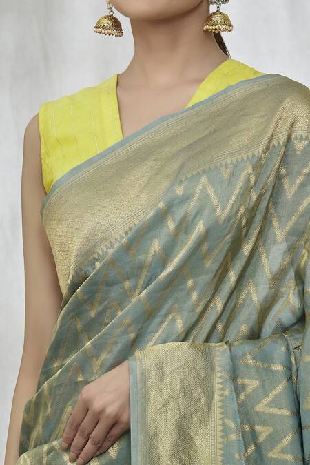Shop_Mint N Oranges_Blue Silk, Tissue Chevron Banarasi Saree With Unstitched Blouse Fabric_Online_at_Aza_Fashions