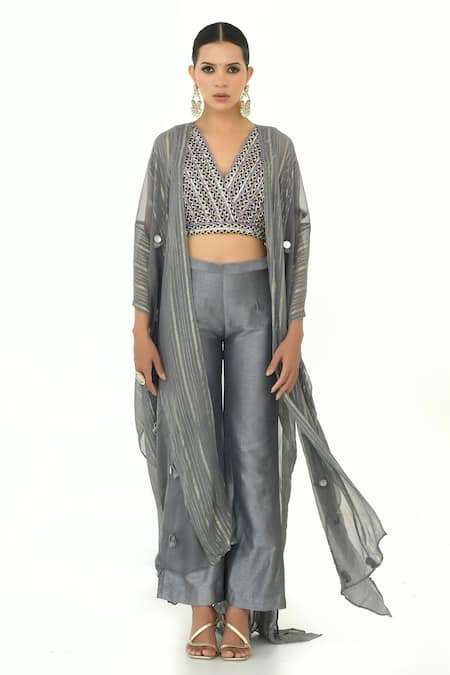 Rishi and Vibhuti x AZA Tassel Embellished Cape With Pant Set 