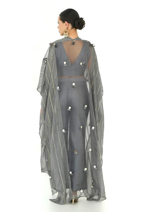 Rishi and Vibhuti X AZA_Gray Organza, Georgette Tassels, Sequins V-neck Embellished Cape And Pant Set _Online_at_Aza_Fashions