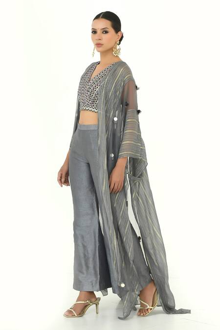 Buy_Rishi and Vibhuti X AZA_Gray Organza, Georgette Tassels, Sequins V-neck Embellished Cape And Pant Set _Online_at_Aza_Fashions