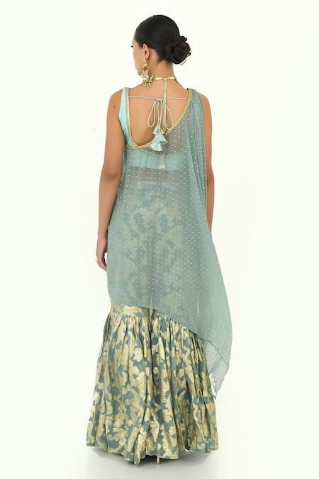 Shop Rishi and Vibhuti Blue Brocade Embroidery Round Neck Polka Cape And Sharara Set at Aza Fashions Shop_Rishi and Vibhuti_Blue Brocade Embroidery Round Neck Polka Cape And Sharara Set_at_Aza_Fashions