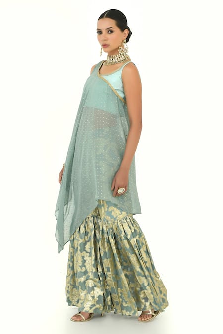 Rishi and Vibhuti Blue Brocade Embroidery Round Neck Polka Cape And Sharara Set Online at Aza Fashions Rishi and Vibhuti_Blue Brocade Embroidery Round Neck Polka Cape And Sharara Set_Online_at_Aza_Fashions