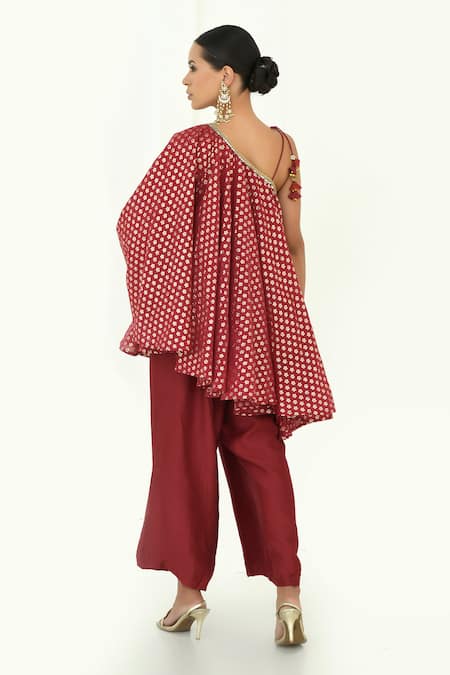 Rishi and Vibhuti X AZA_Red Chanderi Tassels Asymmetric Floral Woven Flared Top And Pant Set _Online_at_Aza_Fashions