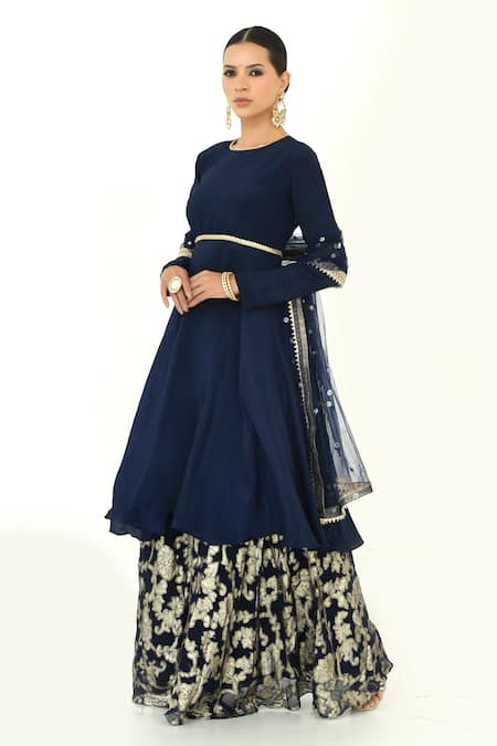 Rishi and Vibhuti x AZA Blue Crepe Woven Sequin Round Floral Brocade Sharara Set 