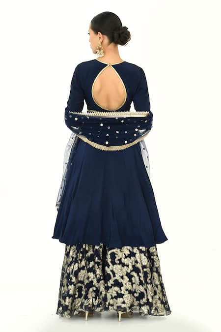 Rishi And Vibhuti x AZA_Blue Net, Brocade Embroidery, Sequins Floral Sharara Set _Online_at_Aza_Fashions