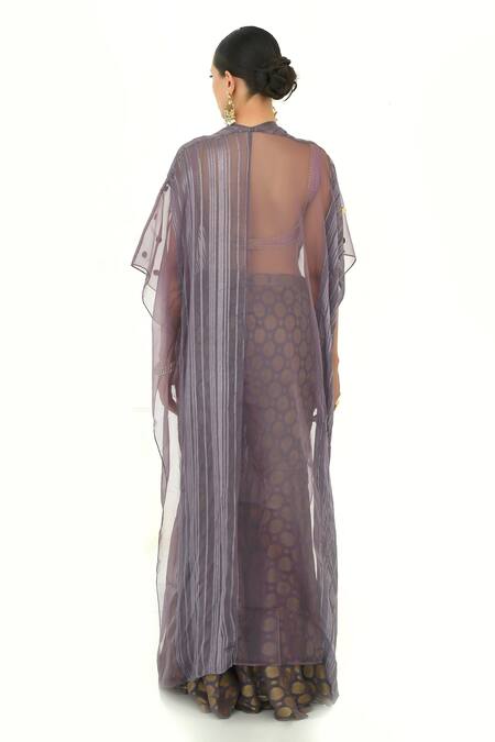 Shop Rishi and Vibhuti Purple Organza, Georgette Embroidery Sweetheart Floral Woven Sharara Cape Set at Aza Fashions Shop_Rishi and Vibhuti_Purple Organza, Georgette Embroidery Sweetheart Floral Woven Sharara Cape Set_at_Aza_Fashions