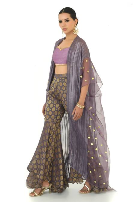 Rishi and Vibhuti Purple Organza, Georgette Embroidery Sweetheart Floral Woven Sharara Cape Set Online at Aza Fashions Rishi and Vibhuti_Purple Organza, Georgette Embroidery Sweetheart Floral Woven Sharara Cape Set_Online_at_Aza_Fashions