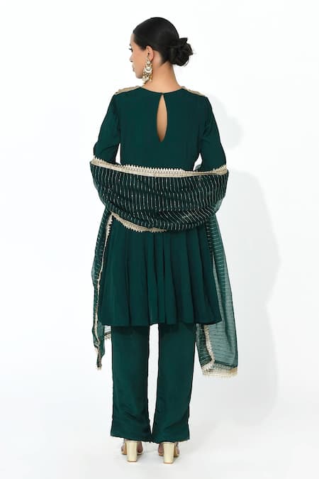 Rishi and Vibhuti X AZA_Green Organza, Crepe Embroidery Round Neck Placed Anarkali Pant Set _Online_at_Aza_Fashions