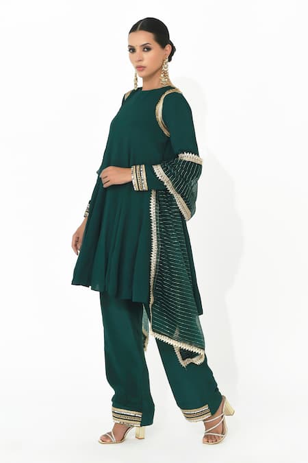 Buy_Rishi and Vibhuti X AZA_Green Organza, Crepe Embroidery Round Neck Placed Anarkali Pant Set _Online_at_Aza_Fashions