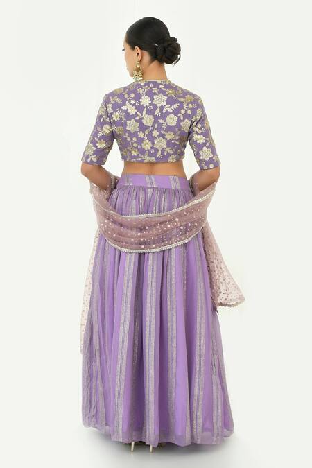 Shop Rishi and Vibhuti Purple Net, Georgette, Taffeta Embroidery, Shimmer Slit Skirt Blouse Set at Aza Fashions Shop_Rishi and Vibhuti_Purple Net, Georgette, Taffeta Embroidery, Shimmer Slit Skirt Blouse Set_at_Aza_Fashions