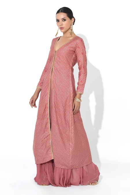 Buy_Rishi and Vibhuti X AZA_Pink Chanderi, Georgette Plunge Neck Slit Kurta And Pleated Sharara Set _Online_at_Aza_Fashions